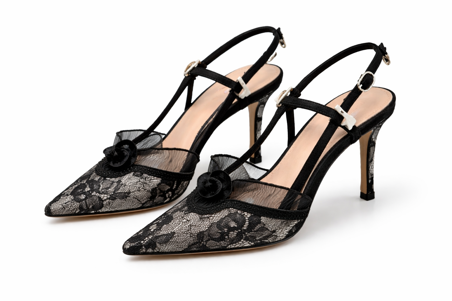 Lace ruffle slingback stiletto pumps