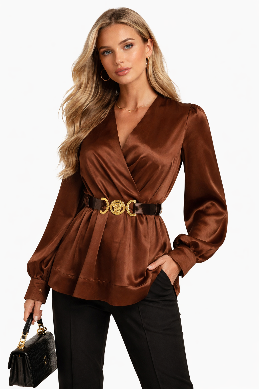 A satin blouse with a wrap-style
