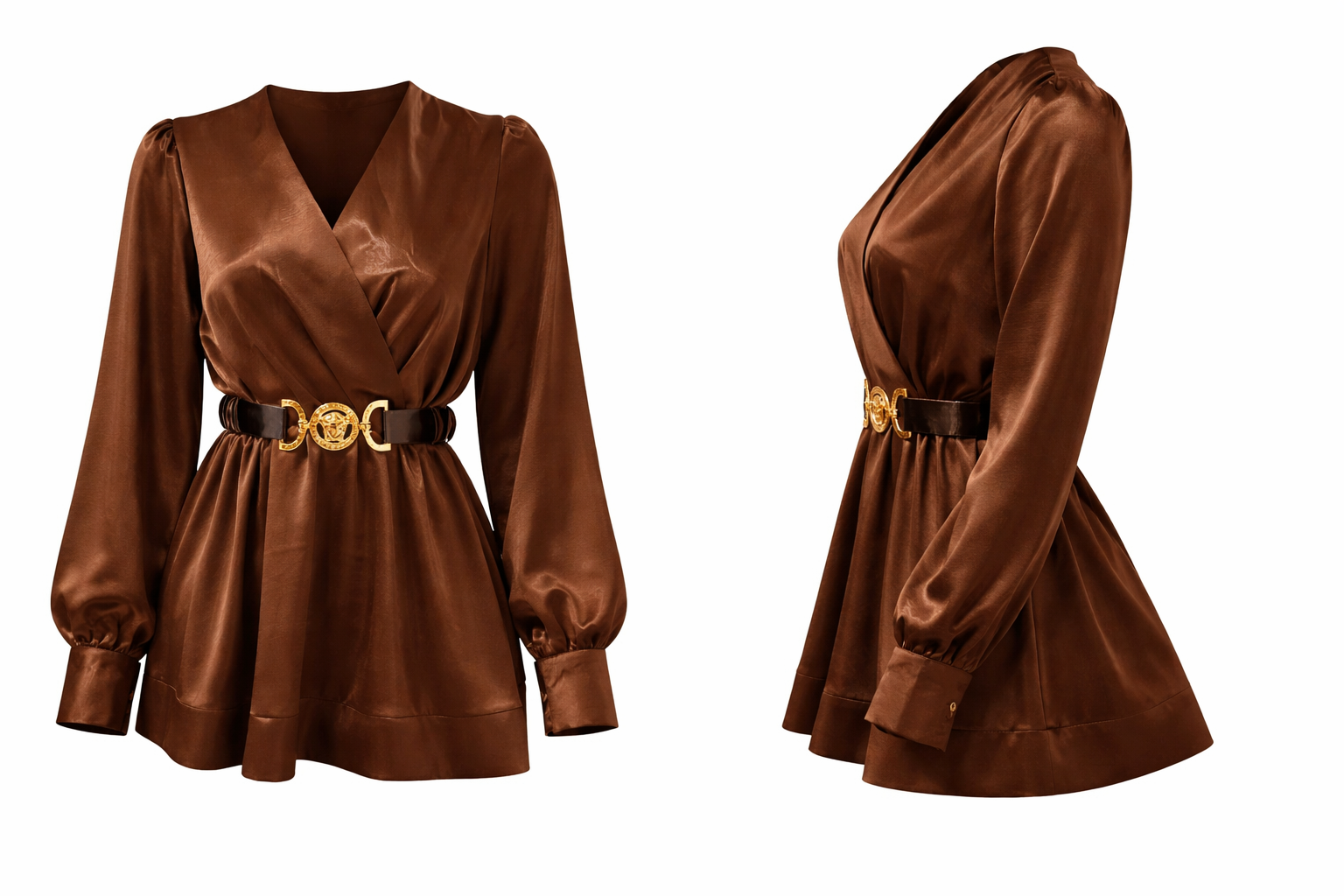 A satin blouse with a wrap-style