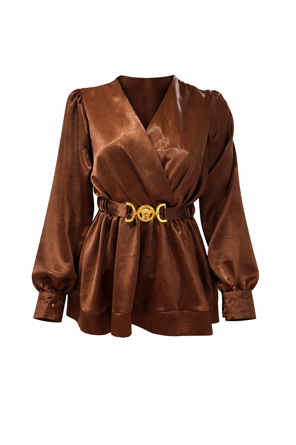 A satin blouse with a wrap-style
