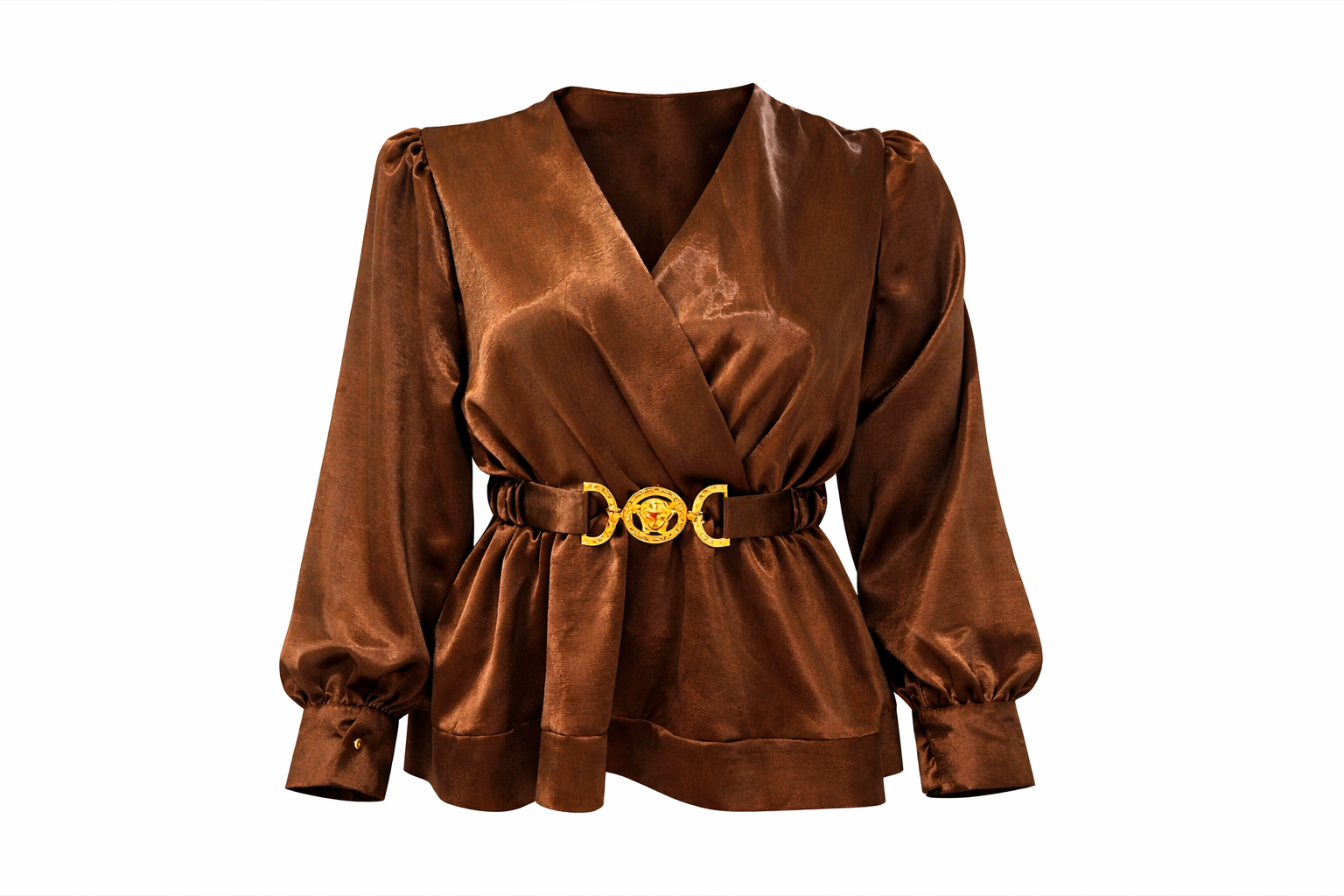 A satin blouse with a wrap-style