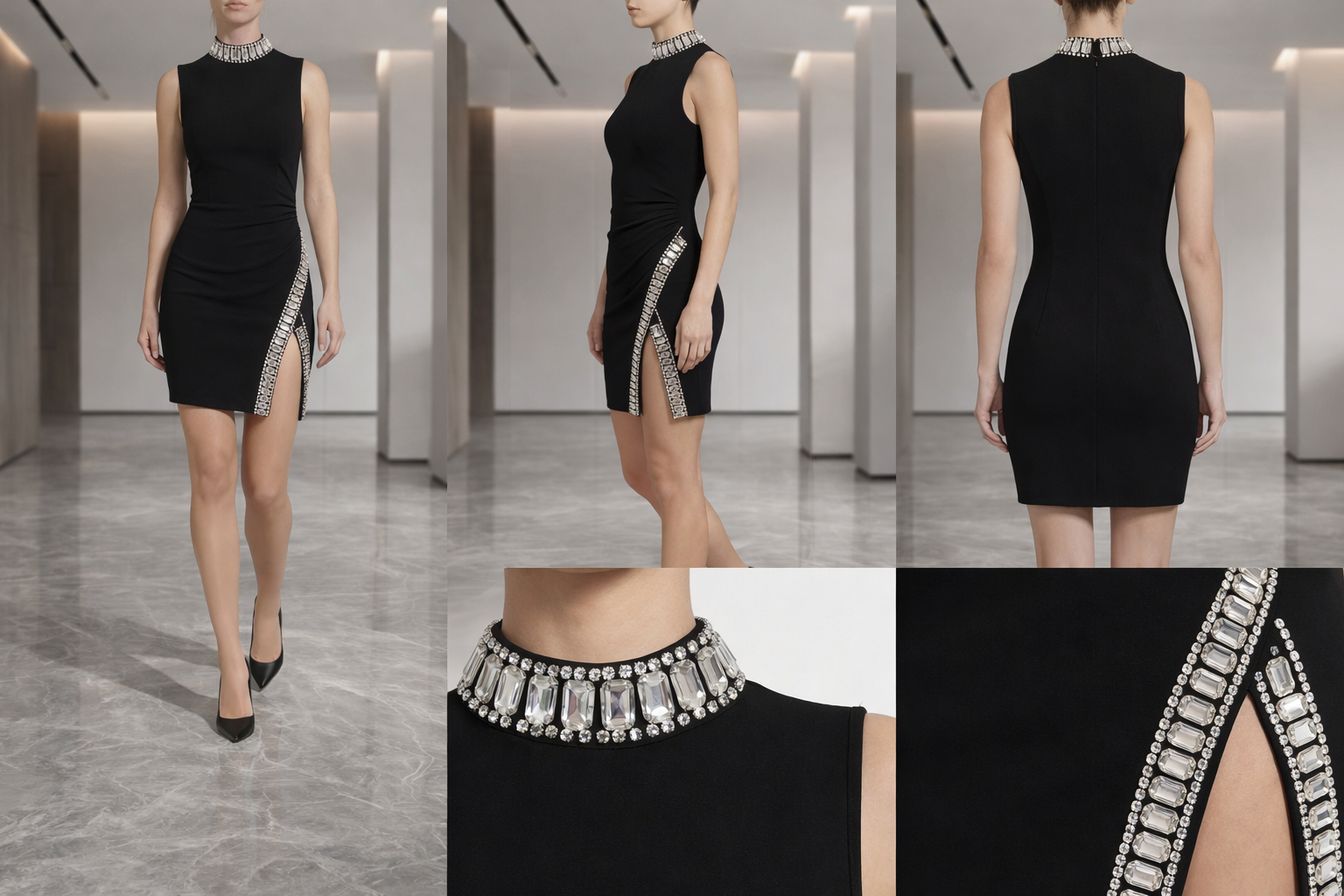 Elegant sleeveless Black Rhinestone decorated stand