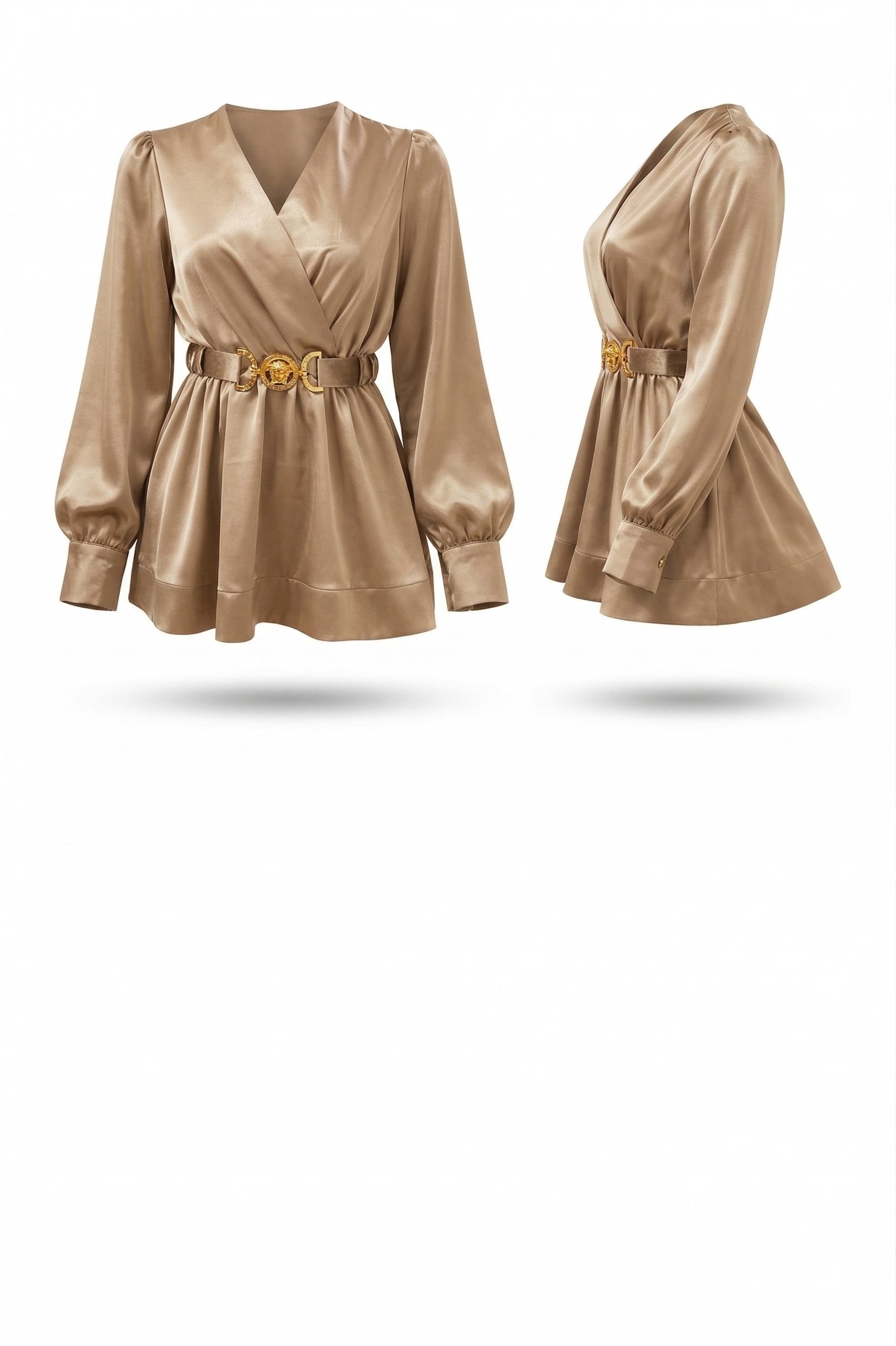 A satin blouse with a wrap-style