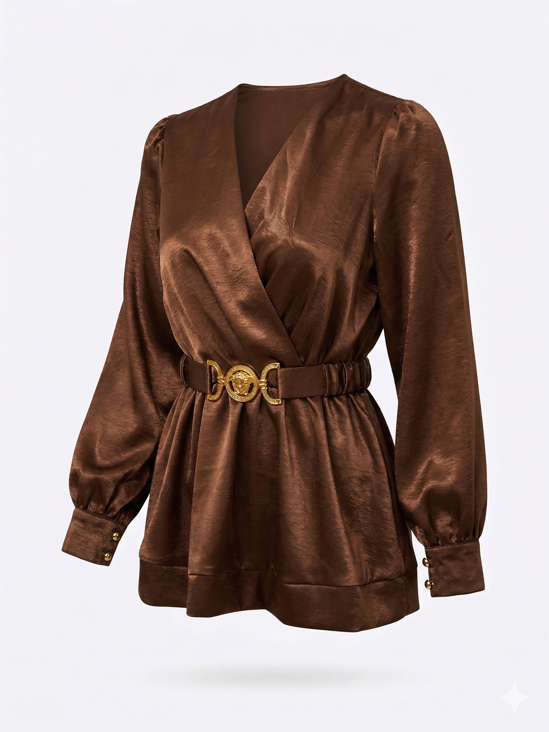 A satin blouse with a wrap-style