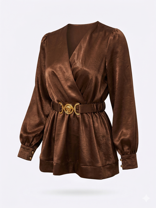 A satin blouse with a wrap-style